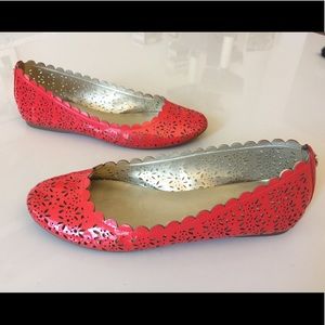 8 red patent leather flats Coach laser cut floral